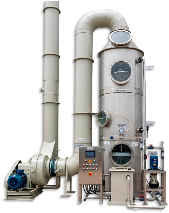 Sistema industrial de lavagem de gases com ventilador, coluna de lavagem e painel de controle.