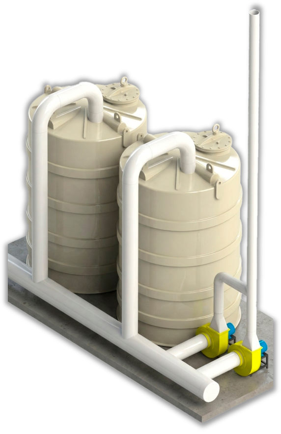 Modelo tridimensional de tanque de neutralização de gases com tubulações e exaustão.
